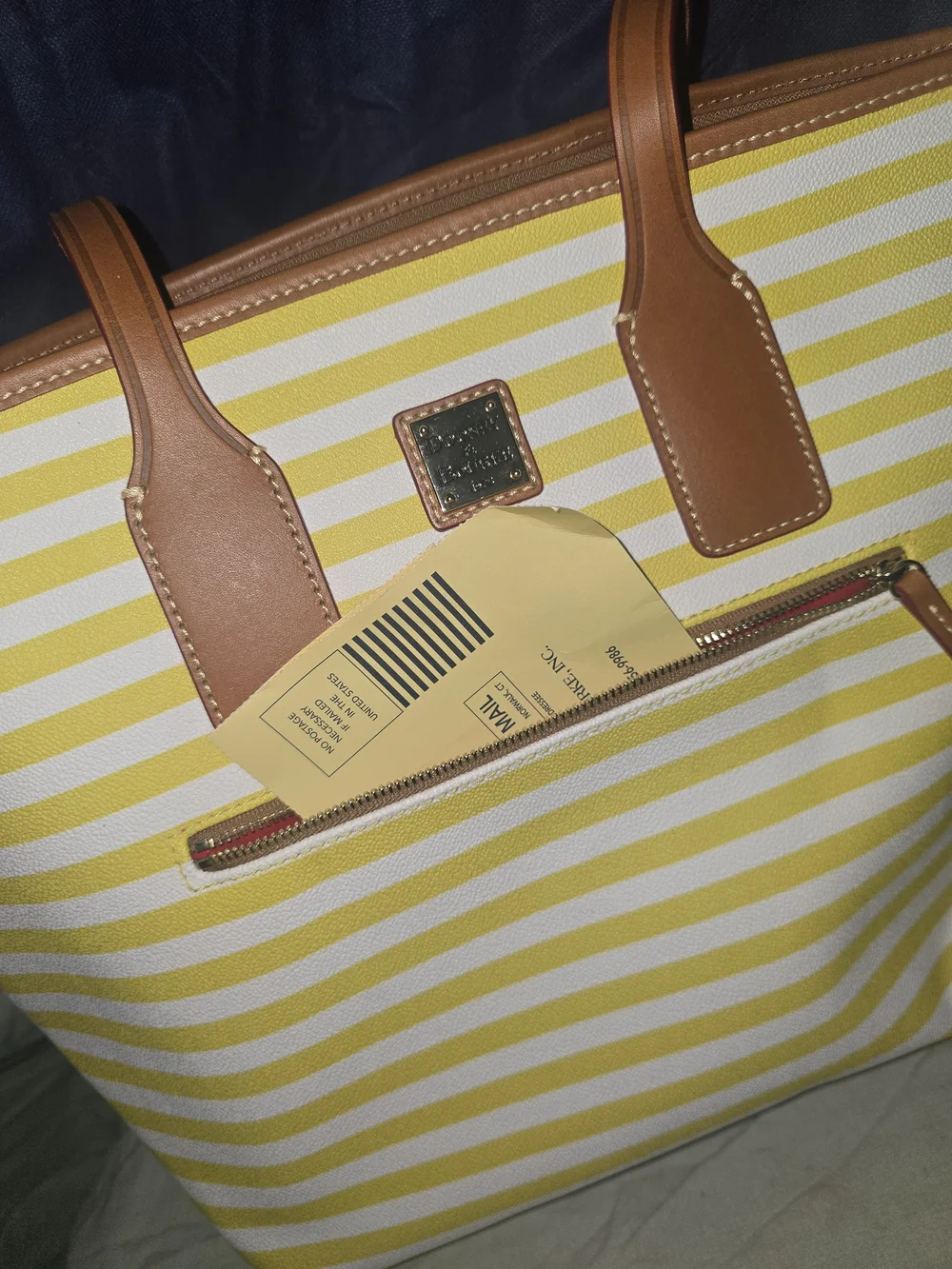Dooney & Bourke Yellow and White Striped Tote with Tan Trim